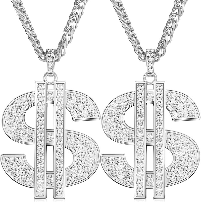 ROMASS 2 Pcs Dollar Necklace for Men,Gold/Silver Plated Chain for Men with Dollar Sign Pendant Necklaces, 80/90s Hip Hop Dollar Necklace Halloween Gifts - Image 1